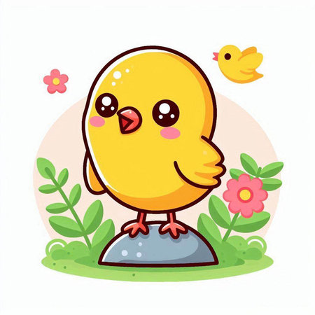 Cute little chicken standing on a rock with flowers, vector illustrationのイラスト素材
