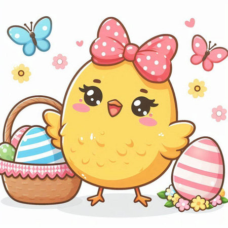 Cute chick with easter eggs and flowers. Vector illustration.のイラスト素材