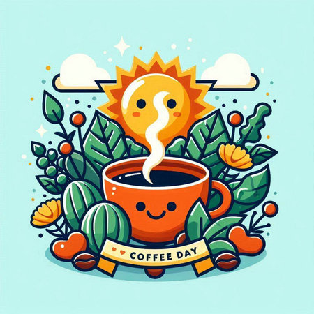 Coffee cup with sun and flowers, vector cartoon illustration.のイラスト素材