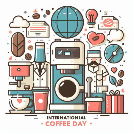 Coffee day poster with flat line icons. Vector illustration.のイラスト素材