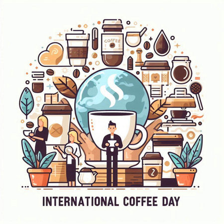 International Coffee Day banner. Flat line art style design. Vector illustrationのイラスト素材