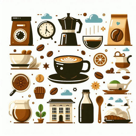 Coffee and tea icons set. Vector illustration in flat styleのイラスト素材