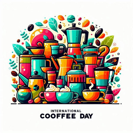 Coffee day poster design with coffee pot, cups, beans and leavesのイラスト素材