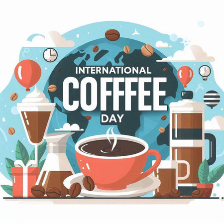 International Coffee Day. Vector illustration of a cup of coffee on the background of the world map.のイラスト素材
