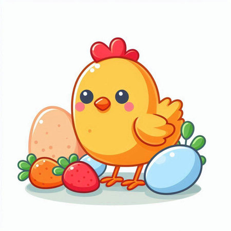 Cute little chicken with easter eggs isolated on white background.のイラスト素材