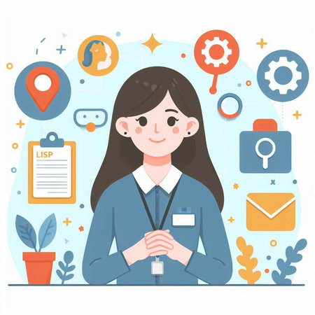 Young woman with social media icons. Vector illustration in flat style.のイラスト素材
