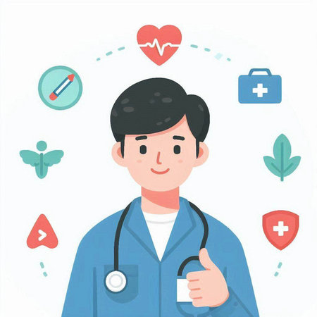 Male doctor with stethoscope and medical icons. Vector illustration in flat styleのイラスト素材