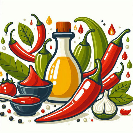 Vector illustration of ingredients for cooking, olive oil, chili pepper, garlic, tomato.のイラスト素材