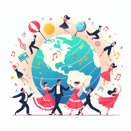 People dancing around the world. Vector illustration in flat cartoon style.のイラスト素材