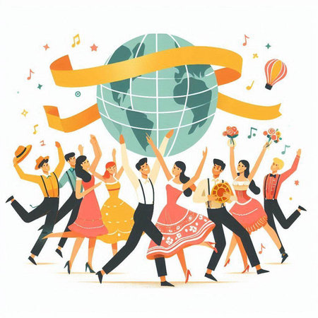 Dancing people with a globe in the background. Vector illustration.のイラスト素材