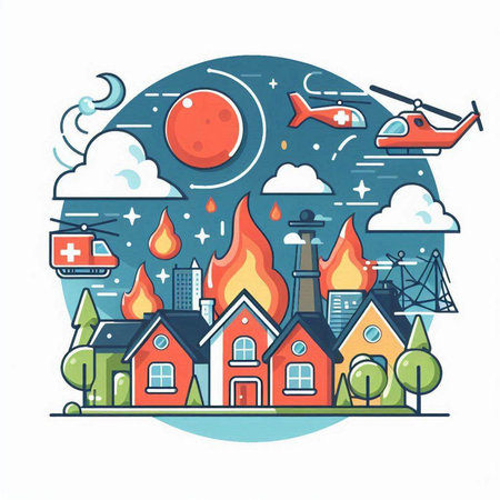 Flat design vector illustration concept of disaster, fire, earthquake, tsunami, flood.のイラスト素材