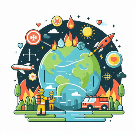 Vector illustration of Earth in flat linear style with rocket, fire truck, rocket, earth globe, rocket, fireman, firemen, fire truck.のイラスト素材