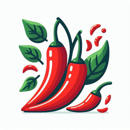 Hot chili peppers with green leaves on white background. Vector illustration.のイラスト素材