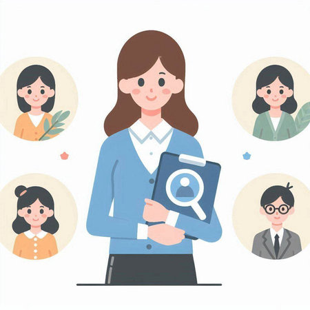 Businesswoman with a magnifying glass in her hands. Vector illustration.のイラスト素材