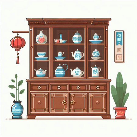 Vintage cabinet with cups and teapots. Vector illustration.のイラスト素材