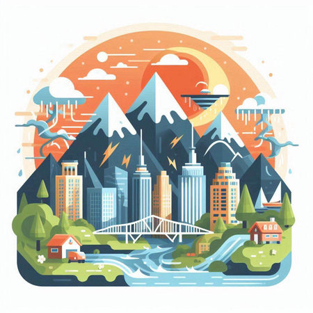Cityscape with buildings, river and mountains. Flat vector illustration.のイラスト素材