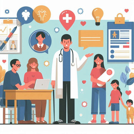 Doctor and family. Healthcare and medical concept. Flat vector illustration.のイラスト素材