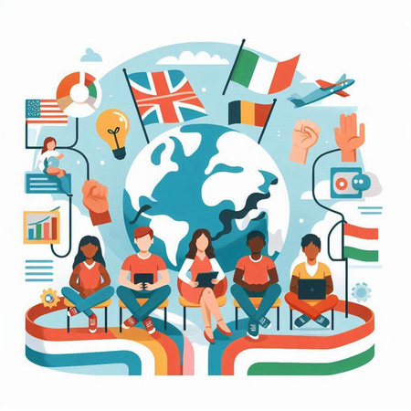 People with gadgets and flags of different countries around the world vector illustrationのイラスト素材