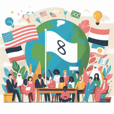 Flat design vector illustration concept of international business meeting. Business people working together with flags and icons.のイラスト素材