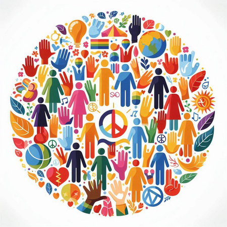 Circle of people icons with different symbols in it. Vector illustration.のイラスト素材