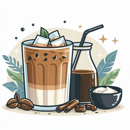 Iced coffee with milk and ice cubes. Hand drawn vector illustration.のイラスト素材