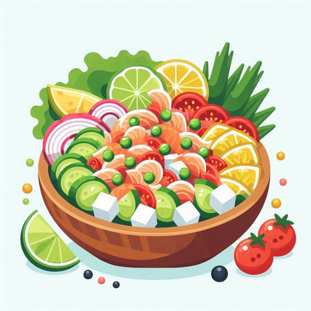 Salmon salad in a wooden bowl. Vector illustration in flat style.のイラスト素材