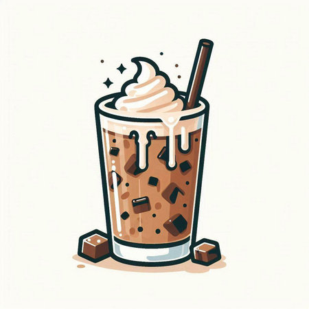Iced coffee with whipped cream in a glass, vector illustration.のイラスト素材