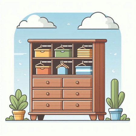 Illustration of a wooden chest of drawers with clothes hangersのイラスト素材