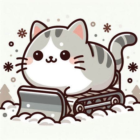 Cute cartoon cat sitting on a snow shovel. Vector illustration.のイラスト素材
