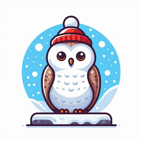 Cute cartoon owl in a hat and scarf on the snow. Vector illustration.のイラスト素材