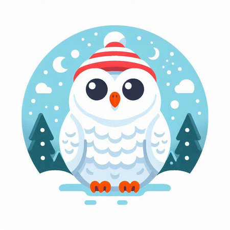 Christmas greeting card with cute owl in winter hat. Vector illustration.のイラスト素材