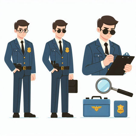 Police officer set. Policeman in uniform and glasses. Vector illustration.のイラスト素材