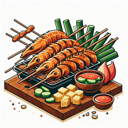 Vector illustration of grilled shrimps on grill with chopsticks and soy sauceのイラスト素材
