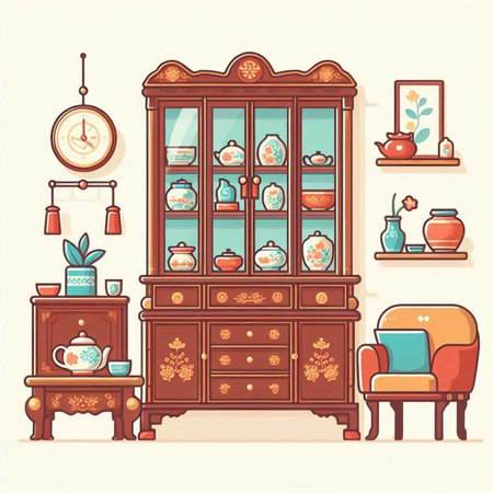 Cupboard and cupboard with furniture. Furniture in retro style. Vector illustration.のイラスト素材