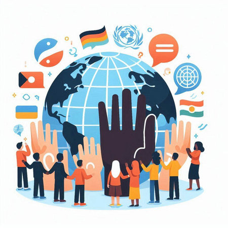 Vector illustration of people holding hands around the world. Global communication conceptのイラスト素材
