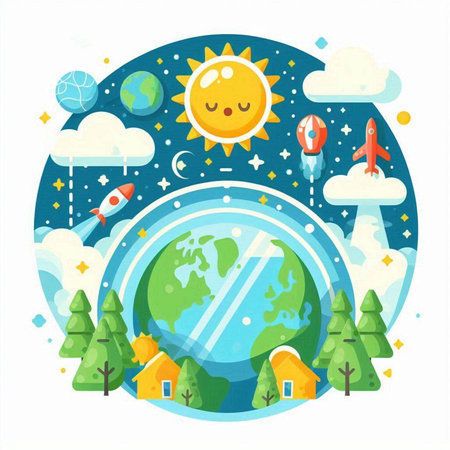 Vector illustration of a planet earth, sun, rocket and trees.のイラスト素材