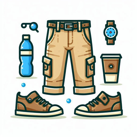 Shorts, sneakers, water bottle, watch, glasses, wristwatch. Vector illustration.のイラスト素材