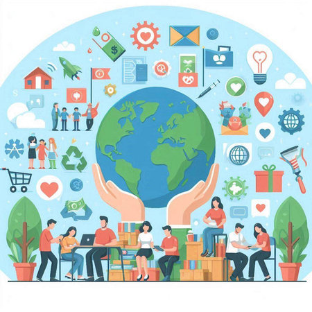 Flat design vector illustration concept of online shopping, e-commerce, social media and networking.のイラスト素材