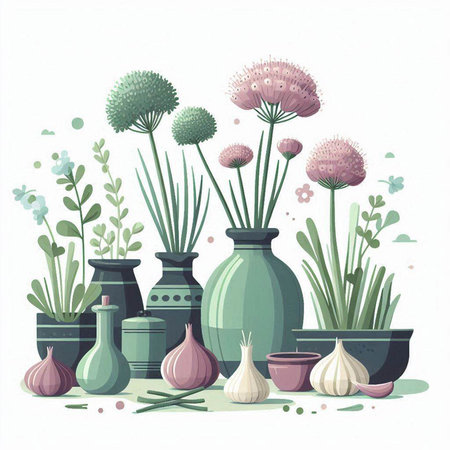 Flower pot with onion, garlic and herbs. Vector illustration.のイラスト素材