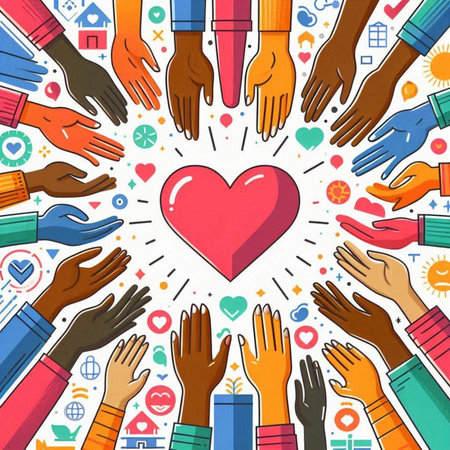 Hands of diverse people around heart. Vector illustration in cartoon style.のイラスト素材