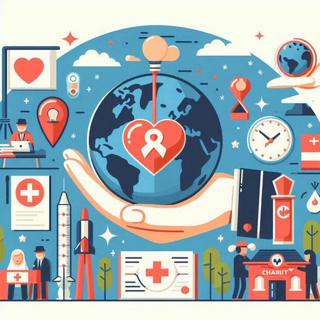 Flat design vector illustration concept for healthcare and medical services. Icons of hospital, ambulance, first aid kit, globe, doctor, ambulance, ambulance, first aid.のイラスト素材