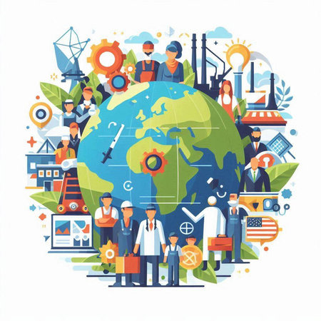 Vector illustration of business people around Earth globe. Teamwork concept.のイラスト素材