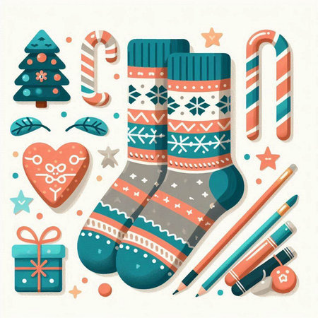 Vector set of Christmas and New Year elements. Colorful socks, candy canes, gift box, lollipops, snowflakes, stars.のイラスト素材
