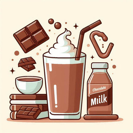 Illustration of a glass of chocolate milkshake with milk and chocolate barsのイラスト素材