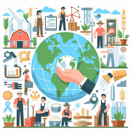 Earth day concept with people and tools. Vector illustration in flat styleのイラスト素材