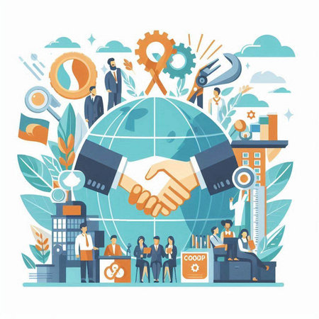 Vector illustration of business people shaking hands. Partnership, cooperation, teamwork, partnership, agreement concept.のイラスト素材
