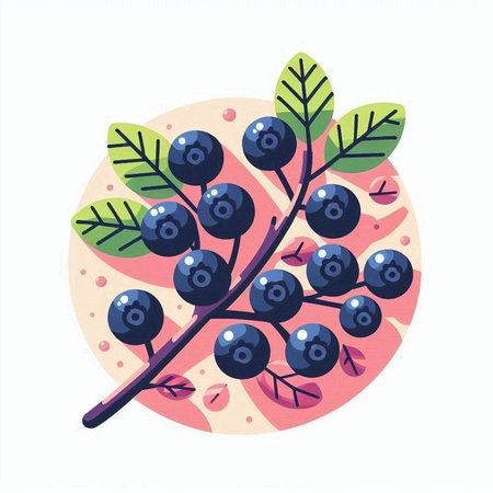Blueberry branch with berries and leaves. Vector illustration in flat style.のイラスト素材