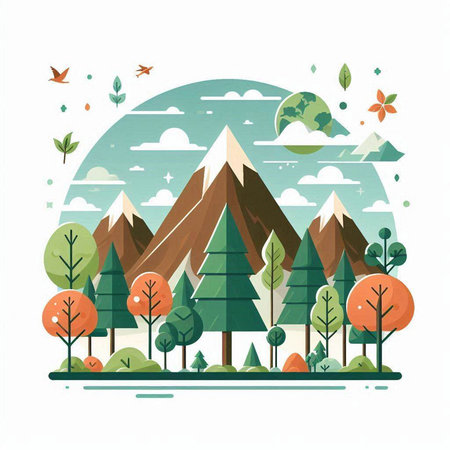 Vector illustration of nature landscape with mountains, forest, trees and plants.のイラスト素材