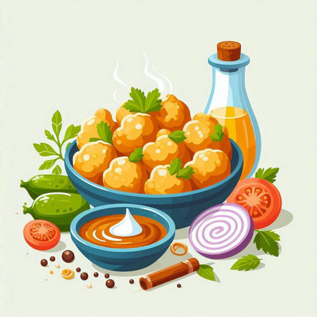 Illustration of fried meatballs in a bowl with sauce and ingredientsのイラスト素材