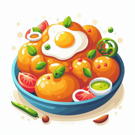 Fried egg in a bowl with vegetables and spices. Vector illustration.のイラスト素材
